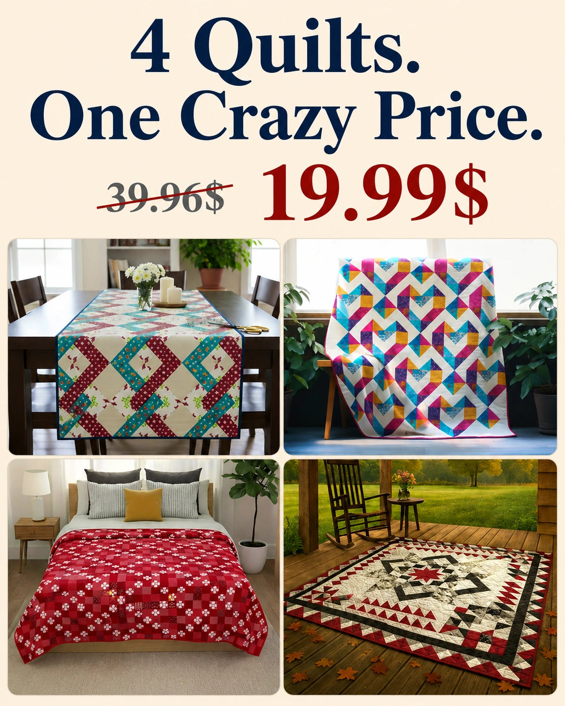 4 Quilt Pattern PDF Collection — Medallion, Red & White & Modern